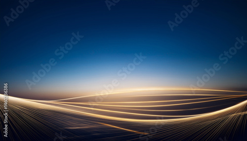 un fondo azul marino con luz exterior con lineas en transparencia doradas sobre el fondo desvanecidas con espacio de copia para diseno de plantilla