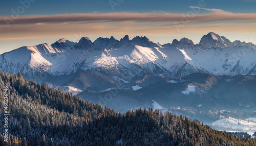 panorama of tatra mountains summits with names visible from kopieniec wielki near zakopane