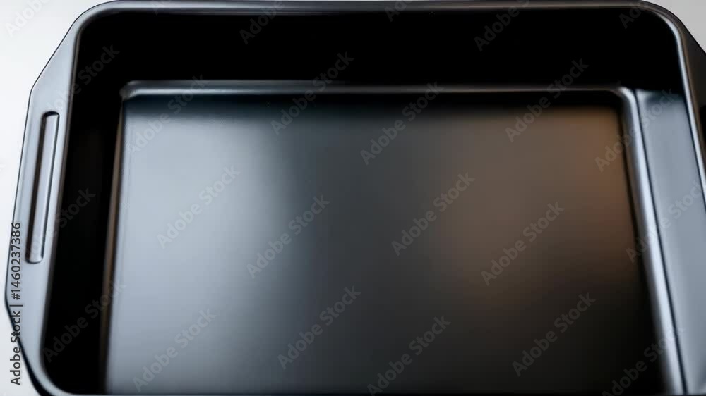 Empty rectangular black metal baking pan with handle grips, isolated on light gray surface for food preparation, cooking Empty rectangular black metal baking pan with handle grips, isolated on light gray surface for food preparation, cooking