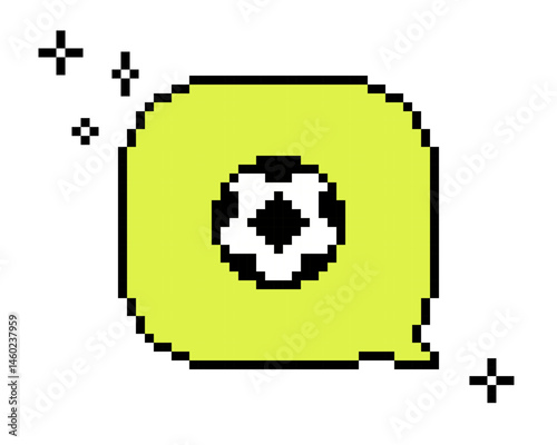 Y2k inspired football sticker in pixel art. Pixels speech bubble with soccer ball. Mood of 90's. 8 bit retro style sport vector illustration. Trendy geometric shape. Game abstract football icon
