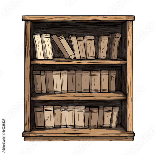 2D flat Wooden Bookshelf vector illustration, isolated on a white background.