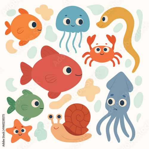 Cartoon vector illustration of various cute underwater animals including fish, squid, jellyfish, crab, starfish, eel, and snail. Bright colors and rounded shapes on a light background.