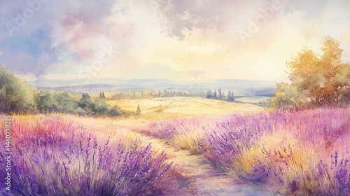 A painted landscape of a lavender field on a summer day.