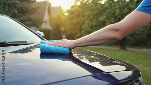 Person drying car hood with blue cloth outdoors photo