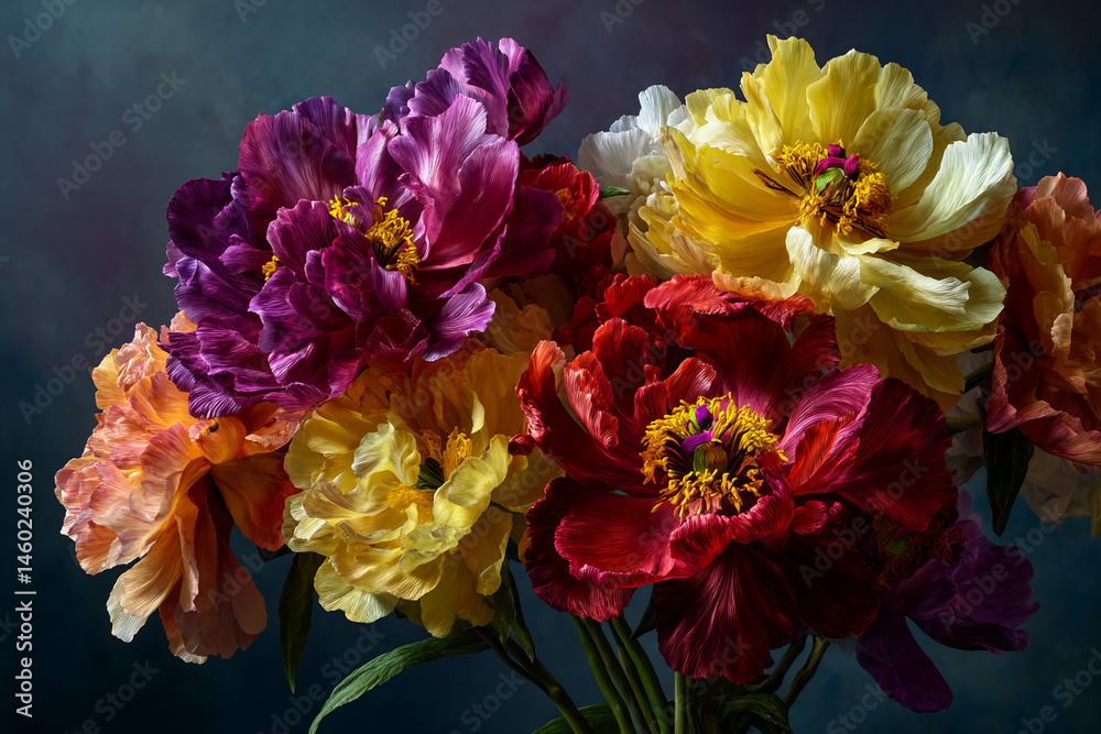 Obraz premium Close-up of vibrant peony bouquet, showcasing diverse colors and textures, symbolizing beauty, luxury, and elegance, perfect for floral or design concepts