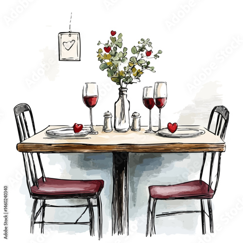2D flat vector illustration of Valentines Day Dinner Setup, isolated on a white background.