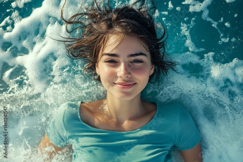 Happy stress-free break getaway creative art. Attractive and hot happy middle eastern young woman in green tight t-shirt enjoying turquoise sea, splashes around her. Bright Ñommercial style.