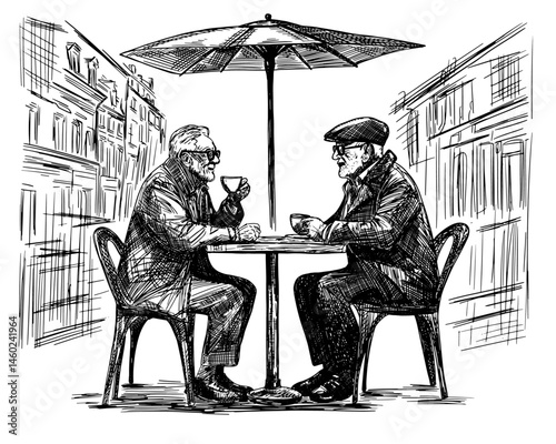 two senior men drinking coffee in urban cafe isolated hand drawn sketch seated at outdoor table beneath large umbrella conversation intimate scene city life street architectural elements background