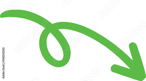 A green arrow curves and points down, isolated on white background