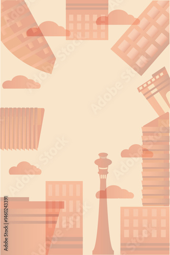 Background, base with text field, modern houses, skyscrapers, buildings, city, towers, clouds, landscape