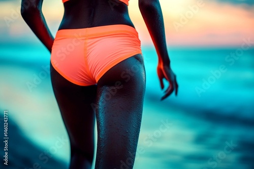 Trip and adventure. Charcoal black skin gorgeous with lovely graceful legs walking along the beach of a tropical sea. Close-up orange motorhead shorts on a pretty and hot young woman.