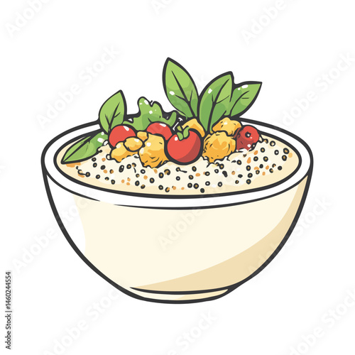 2D flat vector illustration of Quinoa Bowl, isolated on a white background.