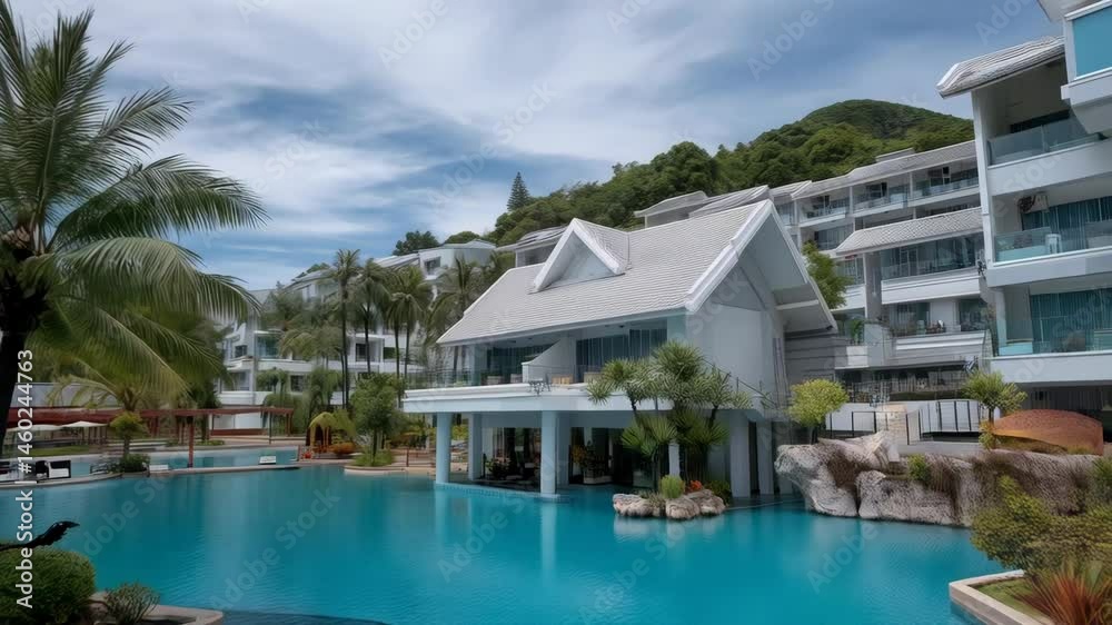 Idyllic tropical resort featuring expansive pool, luxury apartments, lush palm trees, and hillside greenery under cloudy skies, creating a serene escape Idyllic tropical resort featuring expansive pool, luxury apartments, lush palm trees, and hillside greenery under cloudy skies, creating a serene escape