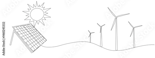 Drawing of solar panel and wind turbines by one continuous line. Renewable solar and wind green energy concept. Vector editable stroke in simple linear style .