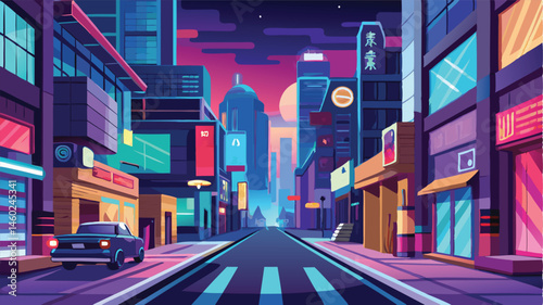 Colorful urban street scene with neon lights, high-rise buildings, and a calm night atmosphere in a vibrant city setting