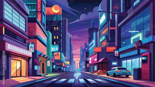 Colorful urban street scene with neon lights, high-rise buildings, and a calm night atmosphere in a vibrant city setting