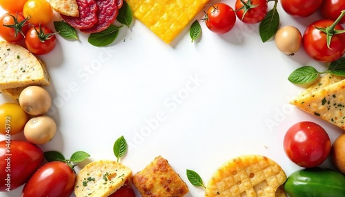 Artistically arranged Italian antipasto on white , studio, charcuterie, cheese