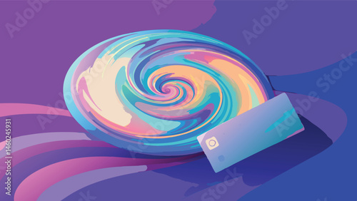 Swirling abstract design with vibrant colors and a rectangular shape on a purple backdrop illustrating modern art concepts