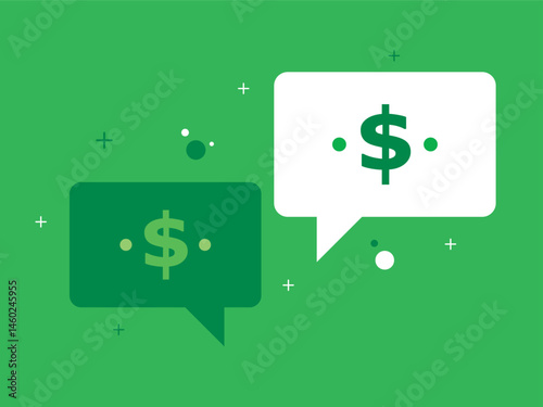 Speech bubble and currency symbol. Dollar symbols on green background.