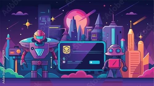Robots in a futuristic city landscape showcasing advanced technology during a vibrant cosmic evening with colorful planets and distant skyscrapers