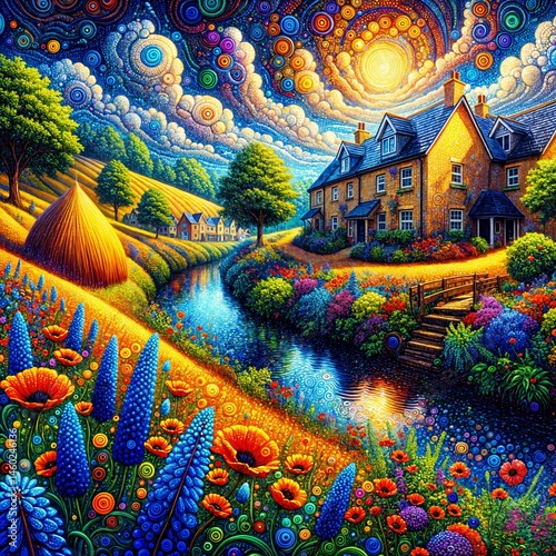 A vibrant, swirling landscape features a picturesque village with cottages by a tranquil river, surrounded by colorful fields and lush greenery under a dazzling sky. (Gen, A.I.)