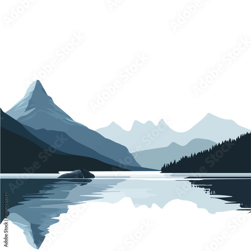 2D flat vector illustration of Mountain Lake, isolated on a white background.