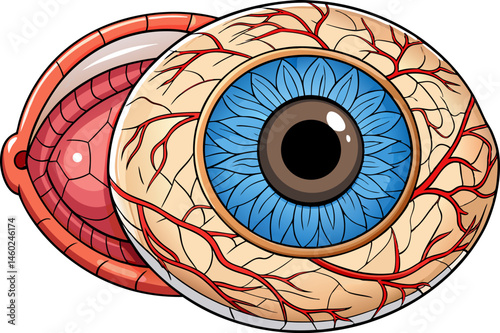 Normal eye and one affected by diabetic retinopathy, hemorrhages, aneurysms, and newly formed blood vessels hand-drawn schematic vector illustration. Medical science educational