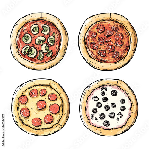 2D flat vector illustration of Mini Pizzas, isolated on a white background.
