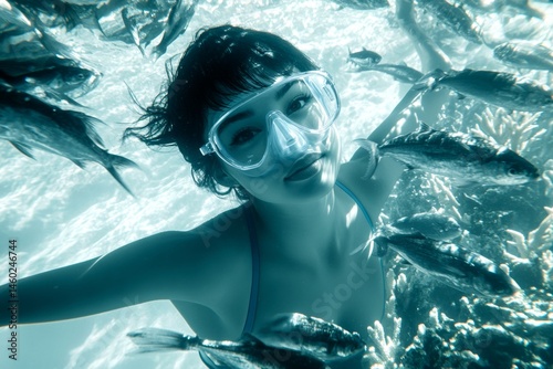 Many tropical fish swim next to her. A gorgeous and sexy happy mixed-race young woman with medium hair in a swimming mask and fins snorkeling among the corals. Bright commercial style image.