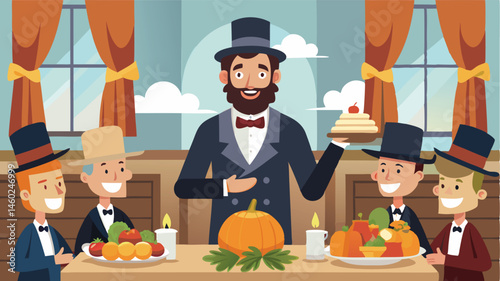 Festive banquet at a cozy dining room with a man in a tuxedo welcoming guests to a harvest celebration featuring autumn dishes and decorations
