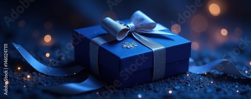 Midnight blue package, silver bow, mystical aura , ethereal, package, wrapping