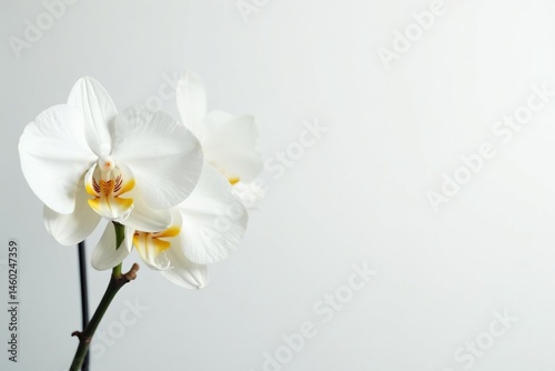 Delicate white orchid blossom against pure white backdrop, fresh, background
