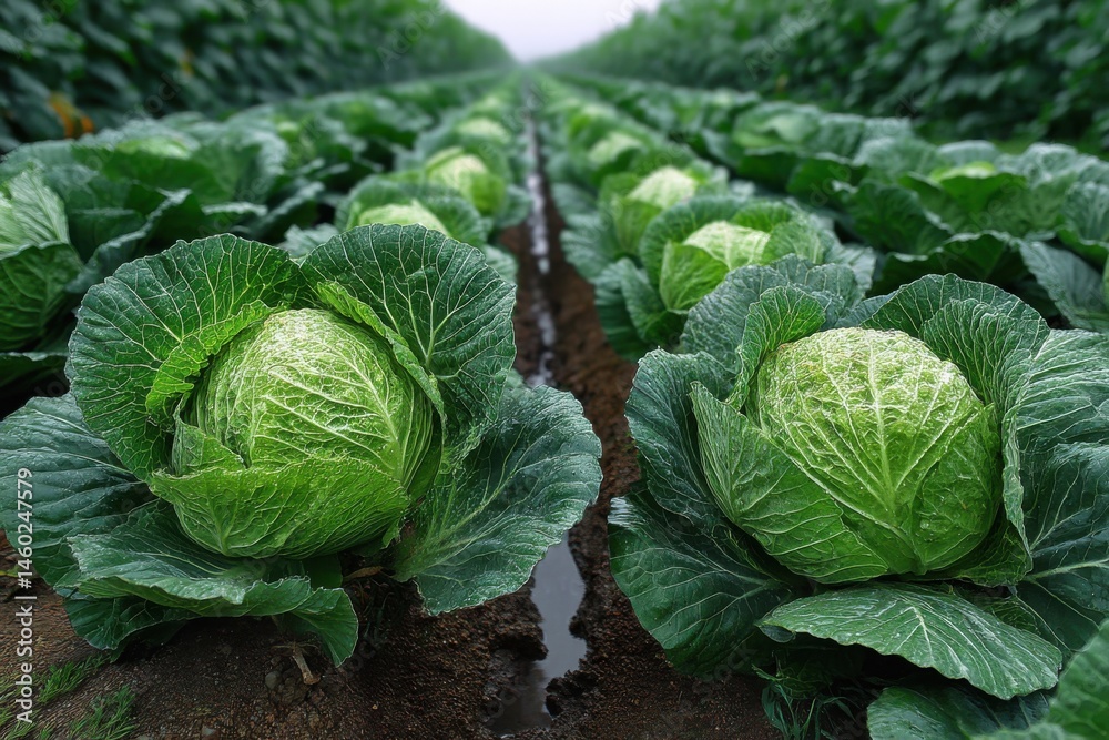 Fototapeta premium Rows of Lush Green Cabbage Heads Sprouting in Rich Brown Soil on Vegetable Farm During Growing Season Cultivation