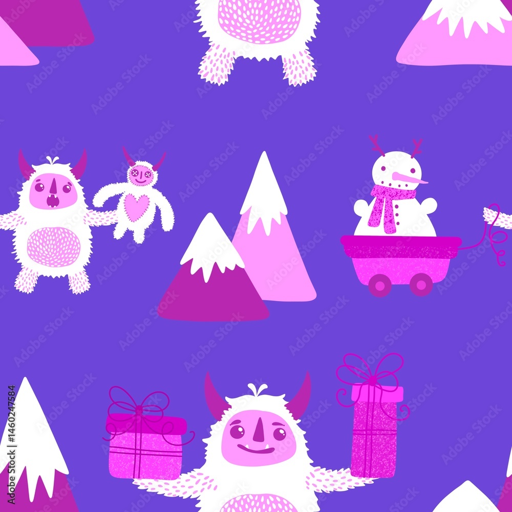 Fototapeta premium Winter monsters seamless Christmas yeti pattern for wrapping paper and fabrics