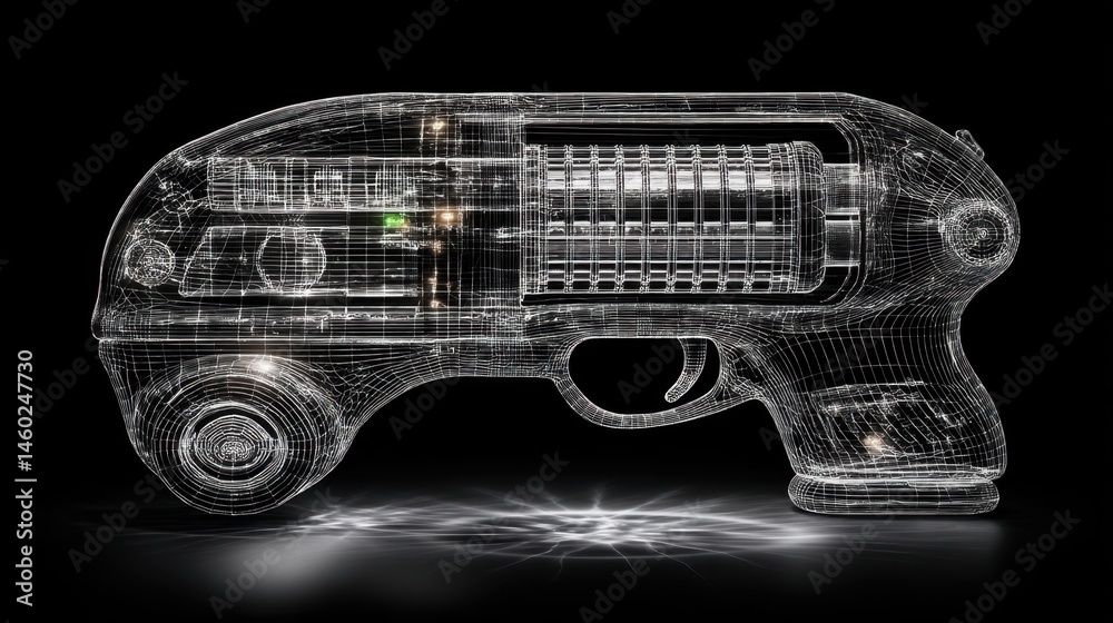 Futuristic wireframe handgun model with internal mechanisms and glowing effect on black background Futuristic wireframe handgun model with internal mechanisms and glowing effect on black background