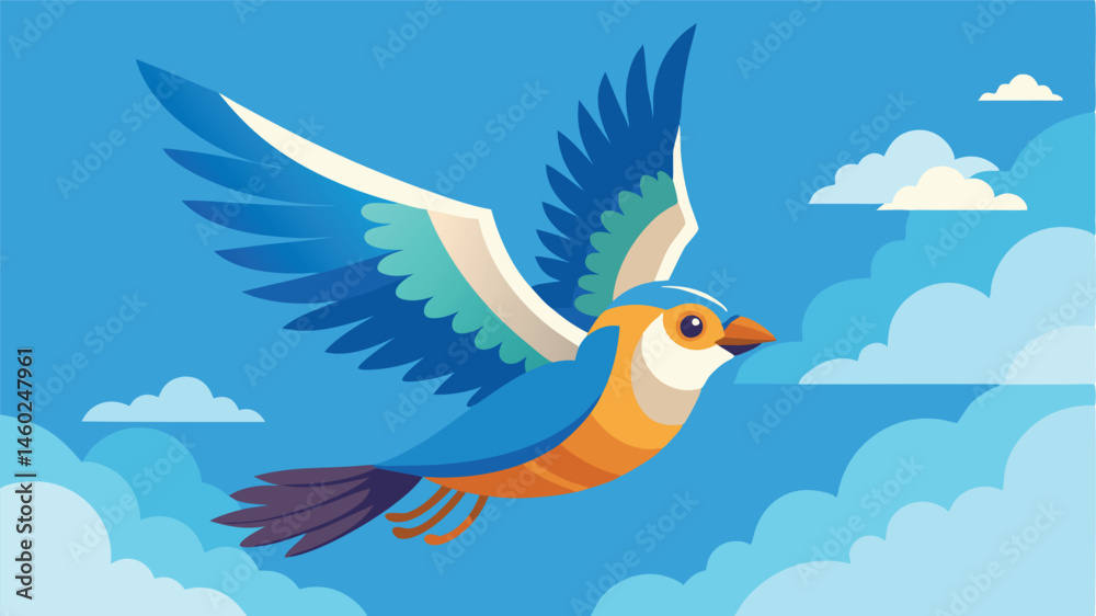 Naklejka premium Colorful bird soaring through a bright sky with fluffy clouds in a joyful vector illustration showcasing its vibrant feathers
