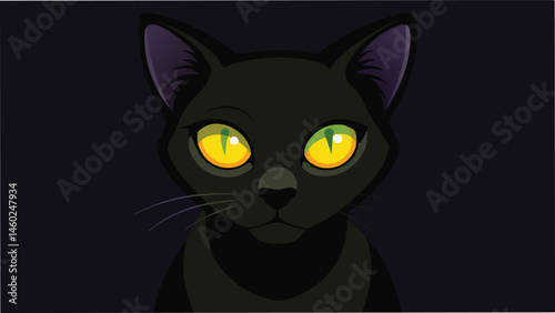 Vector illustration featuring a mysterious black cat with vibrant yellow-green eyes against a dark background, ideal for Halloween designs or pet-themed graphics