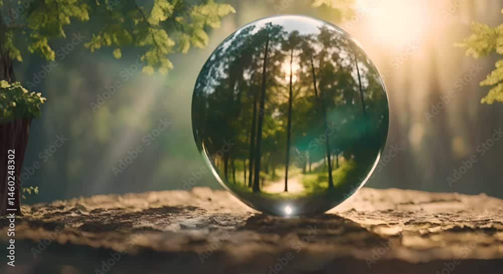 A clear orb rests on top of a forest reflecting the sky and trees below 4K A clear orb rests on top of a forest reflecting the sky and trees below 4K