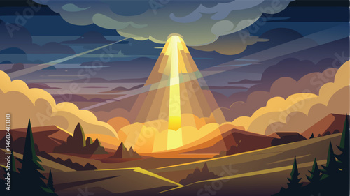 Bold vector illustration featuring a colorful sunset over a tranquil landscape with mountains, clouds, and rays of light illuminating the horizon at dusk
