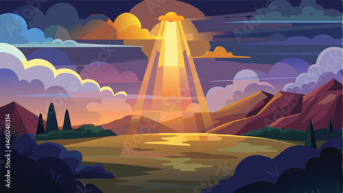 Bold vector illustration featuring a colorful sunset over a tranquil landscape with mountains, clouds, and rays of light illuminating the horizon at dusk