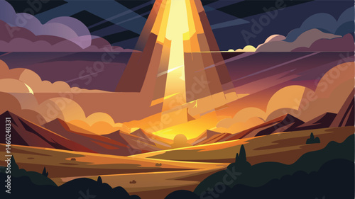 Bold vector illustration featuring a colorful sunset over a tranquil landscape with mountains, clouds, and rays of light illuminating the horizon at dusk