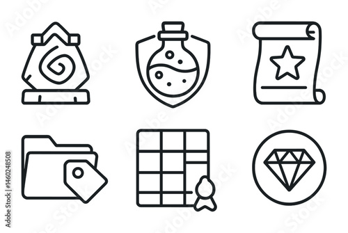 Line style icons of quest items: artifact icon, magic potion badge, quest scroll tag, hidden object file, collectible board, item unlock chart, special item bubble, valuable object symbol.