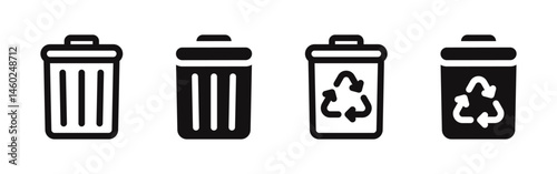 Trash bin icons set. Trash can, dustbin, recycle symbol. Vector illustration.
