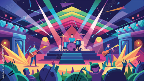 Energetic music performance at a vibrant concert venue with colorful lights and enthusiastic audience expressing excitement