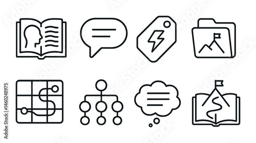 Line style icons of story-driven quests: narrative icon, dialogue badge, plot twist tag, storyline file, narrative progression board, branching chart, plot development bubble, adventure story symbol.