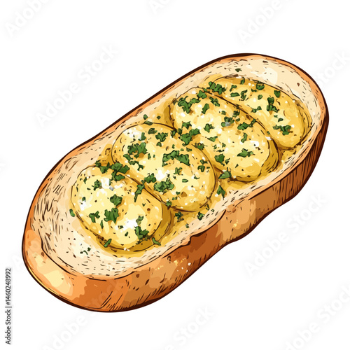 2D flat vector illustration of Garlic Bread, isolated on a white background.