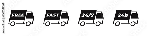 Delivery truck icons set. Fast, free, 24 hours symbol. Vector illustration.