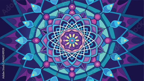 Vibrant geometric mandala design featuring intricate patterns and bold colors inspired by traditional art styles