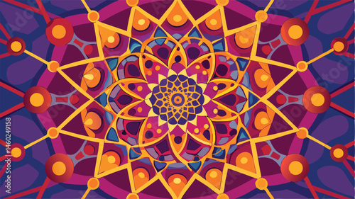 Vibrant geometric mandala design featuring intricate patterns and bold colors inspired by traditional art styles
