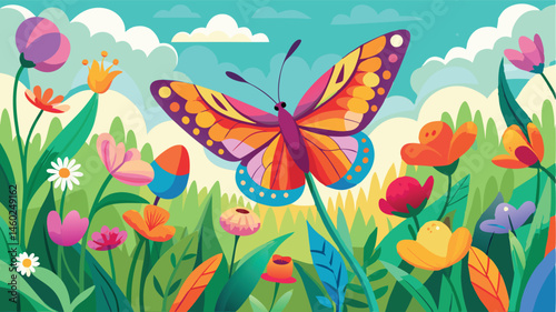 Colorful butterfly surrounded by vibrant flowers in a bright, cheerful landscape with a blue sky and whimsical clouds during the day